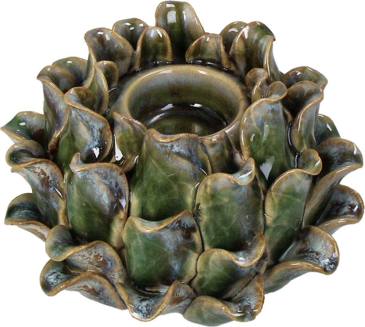 Hd collection kaarsenhouder stoneware groen 14,5x14,5x10,5cm
