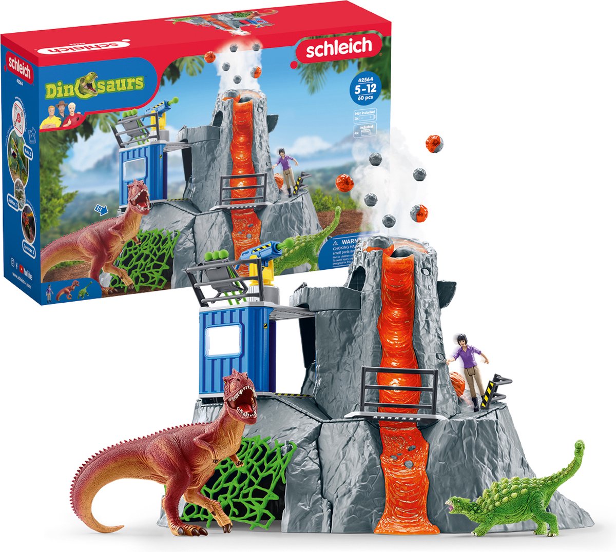 Schleich dinosaurus - de grote vulkaan expeditie - dino speelgoed - kinderspeelgoed - dino speelgoed - t-rex, ankylosaurus en uitbarstende vulkaan - 36 onderdelen