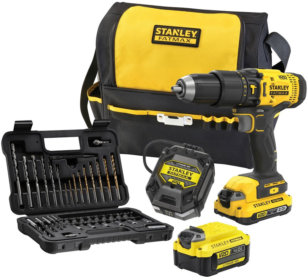 Stanley fatmax v20 18v brushless schroef- klopboormachine + rolmeter, waterpas en bitset in koffer (met 2x 2.0ah accu en lader) sfmck101d2t-qw