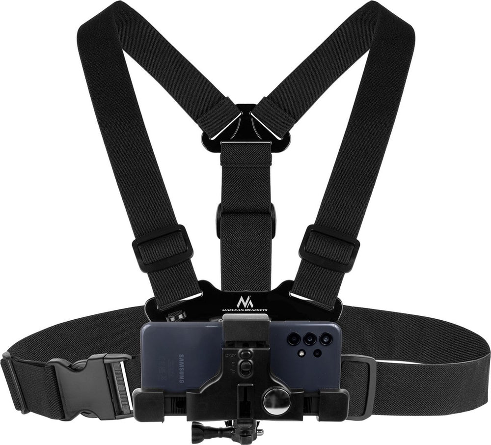 Maclean - borstband voor mobiele telefoon camera houder - universeel - zwart