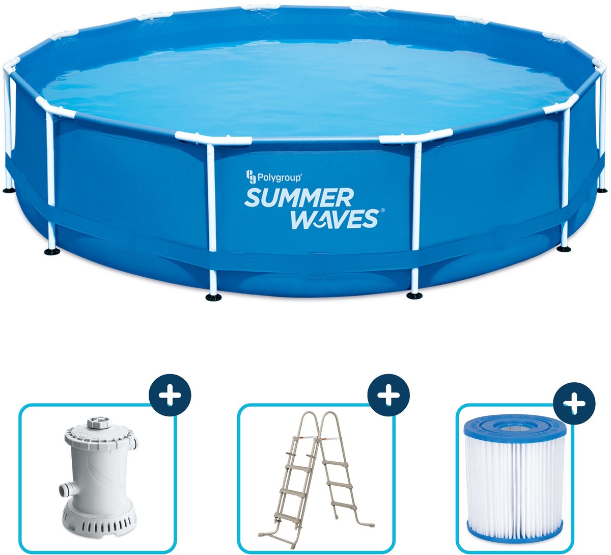 Summer waves frame zwembad rond - ⌀366 x 91 cm - zwembaden - inclusief filterpomp - zwembadpomp - filterpatroon - ladder