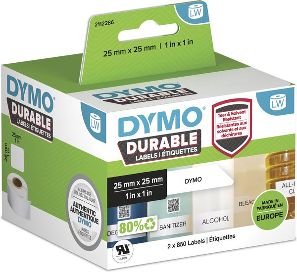 Dymo originele duurzame labelwriter labels | 25 mm x 25 mm | witte poly | 2 rollen met elk 850 labels (1700 zelfklevende etiketten) | stevige labels voor de labelwriter labelprinters