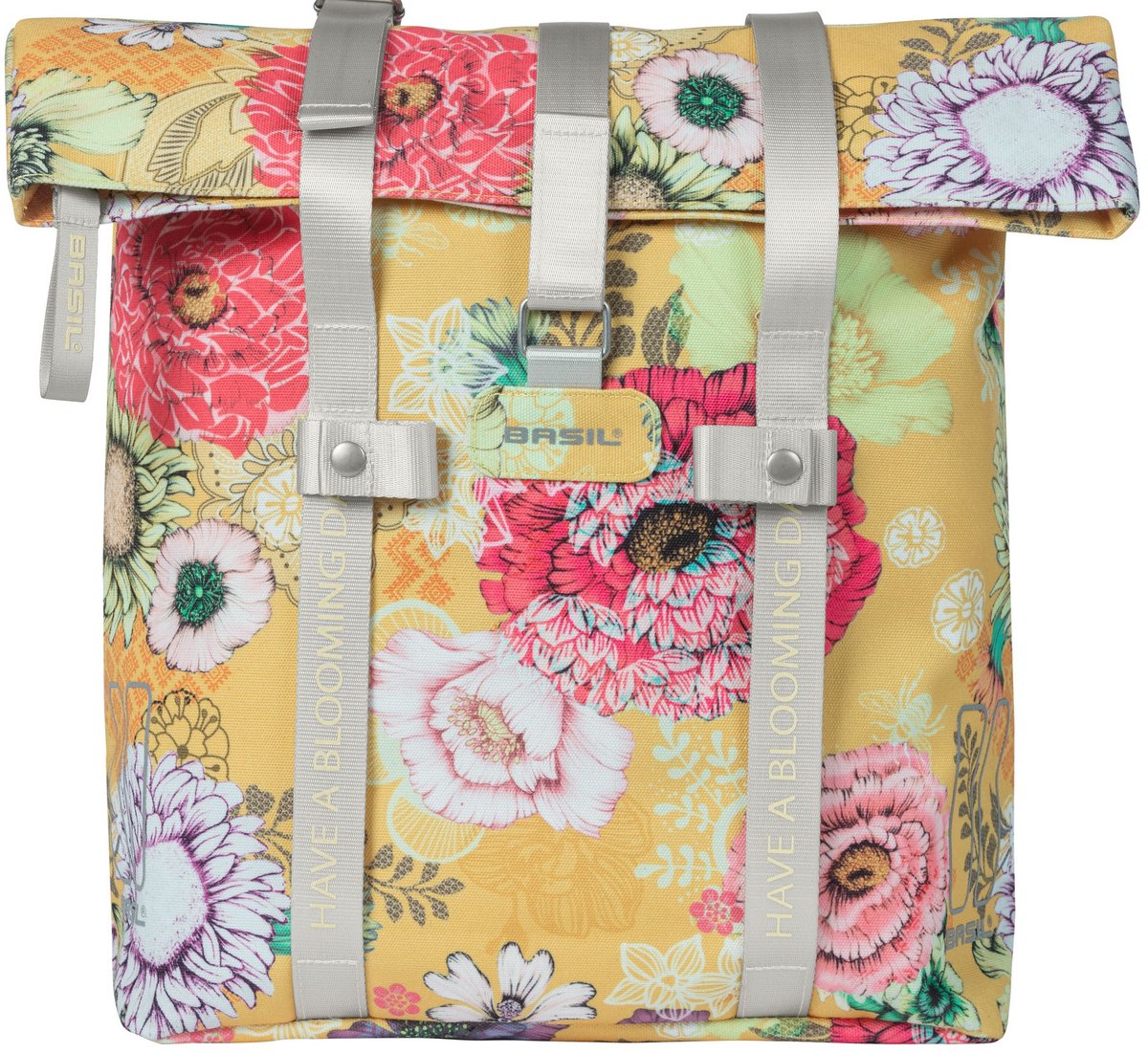 Basil Bloom Field bicycle shopper, yellow, recycled PET, waterproof, adjustable shoulder strap
