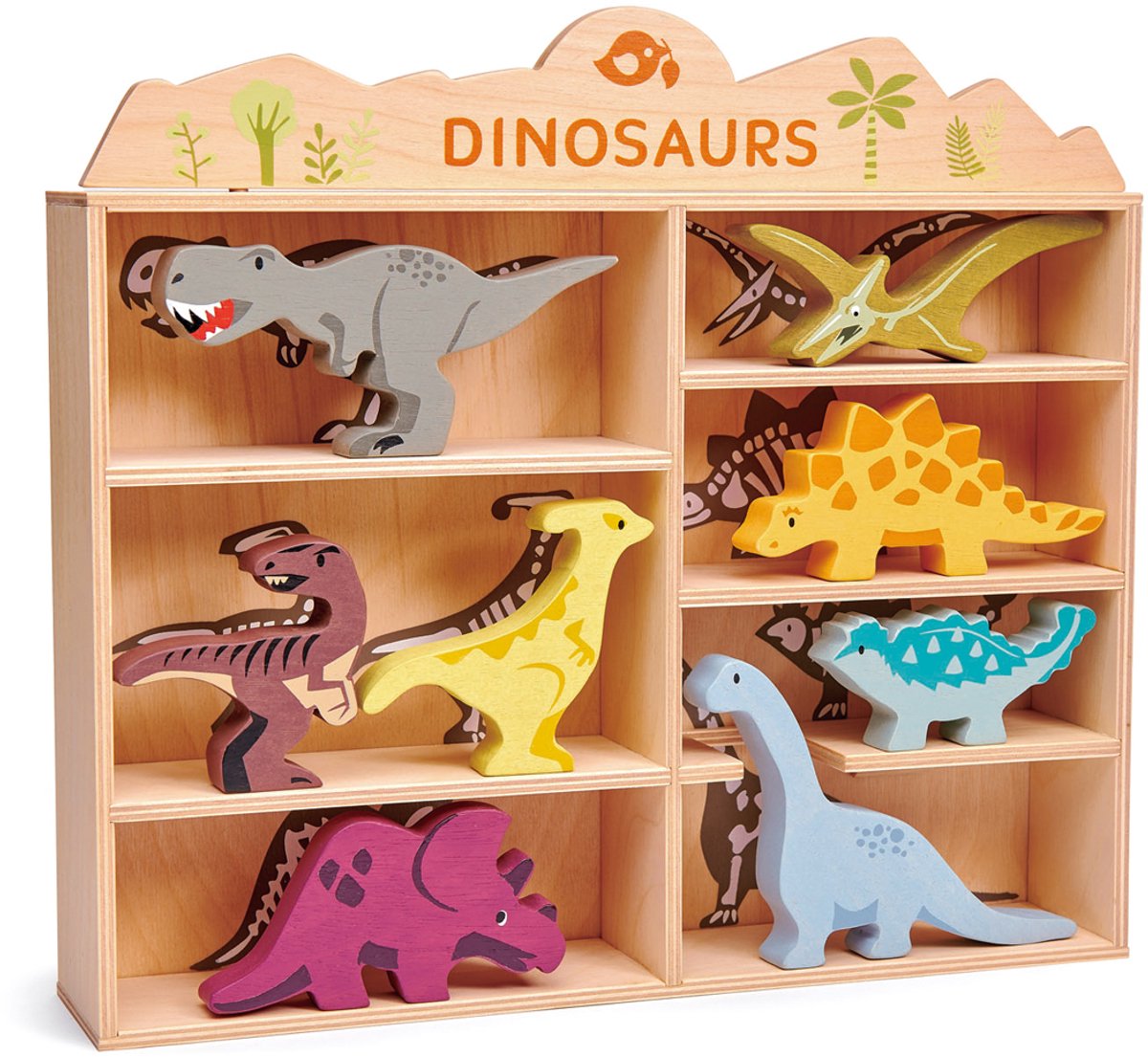 Tender leaf toys tender leaf houten dieren - set dinos - 8 verschillende figuren - met display plank - 3 jaar