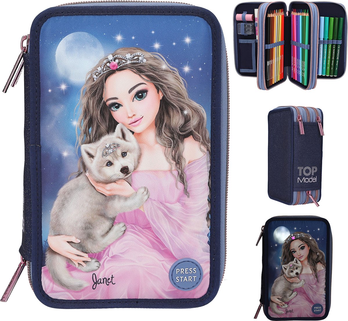 Depesche - topmodel 3-vaks etui met led - wolf