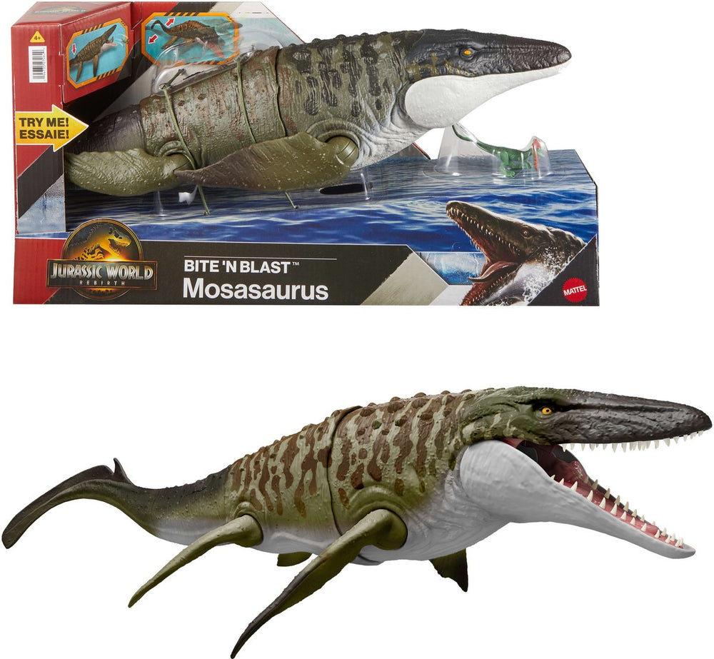 Mattel jurassic world rebirth bijtende en explosieve mosasaurus, actiefiguur en mini-dilophosaurus, dinosaurusspeelgoed met kaken die ver open kunnen, beweegbaar, ziet eruit als in de film