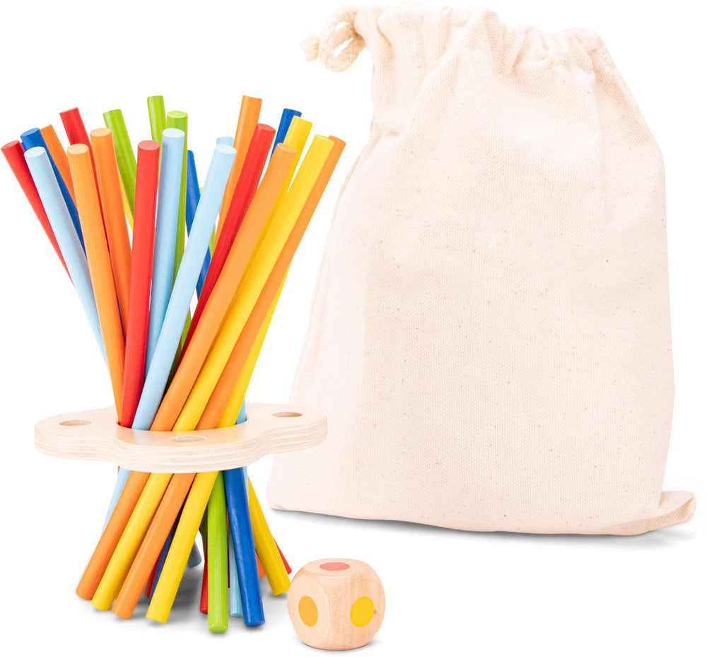 Woet ® houten stokjesspel - mikado spel - concentratie behendigheidsspel met dobbelsteen - speel alleen of samen - educatief spel met opbergzak - vanaf 3 jaar