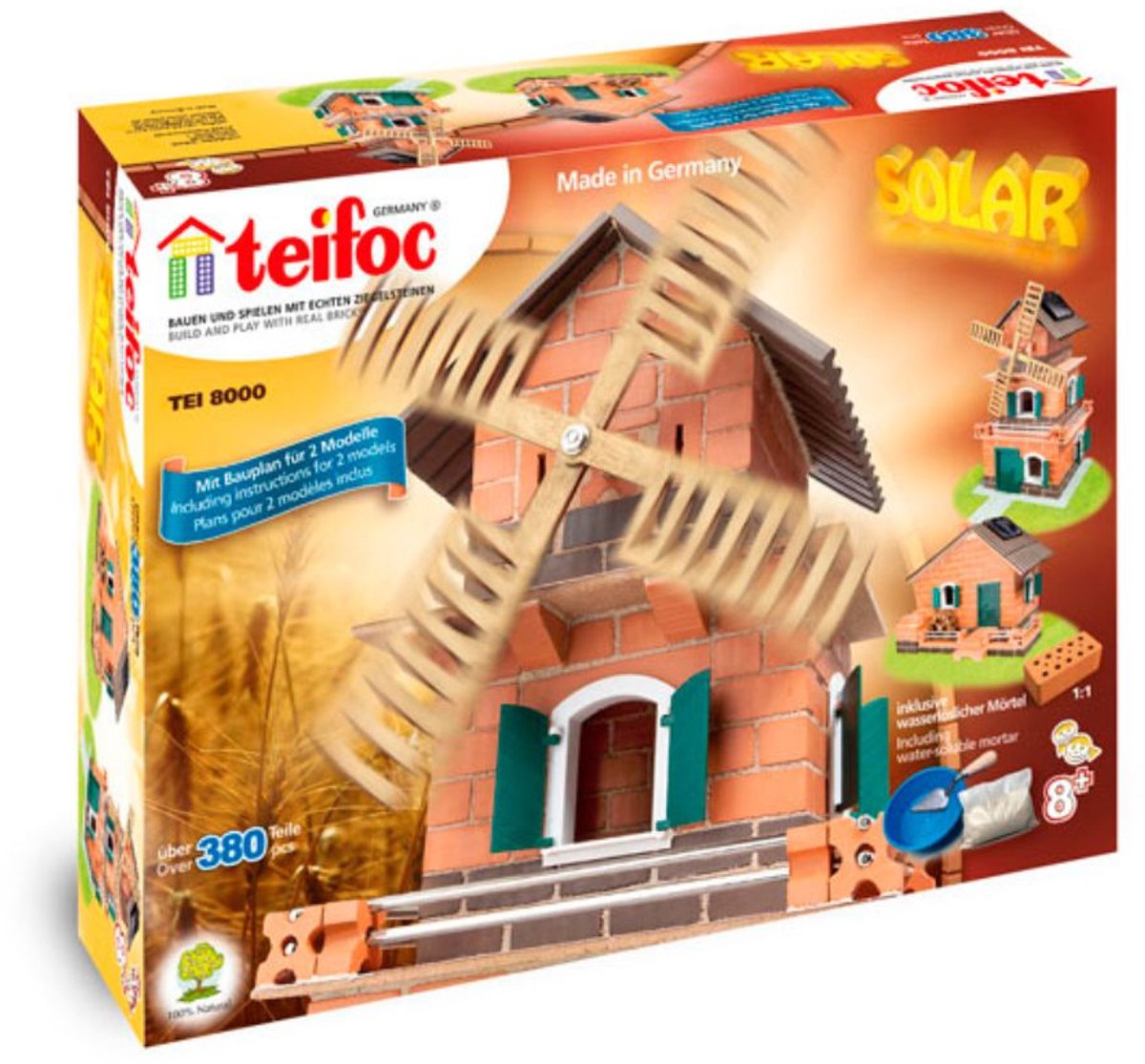 Teifoc ® bouwdoos – zonne windmolen en watermolen – 380 onderdelen – echte mini bakstenen met cement, kom en troffel – bouwpakket voor kinderen vanaf 8 jaar