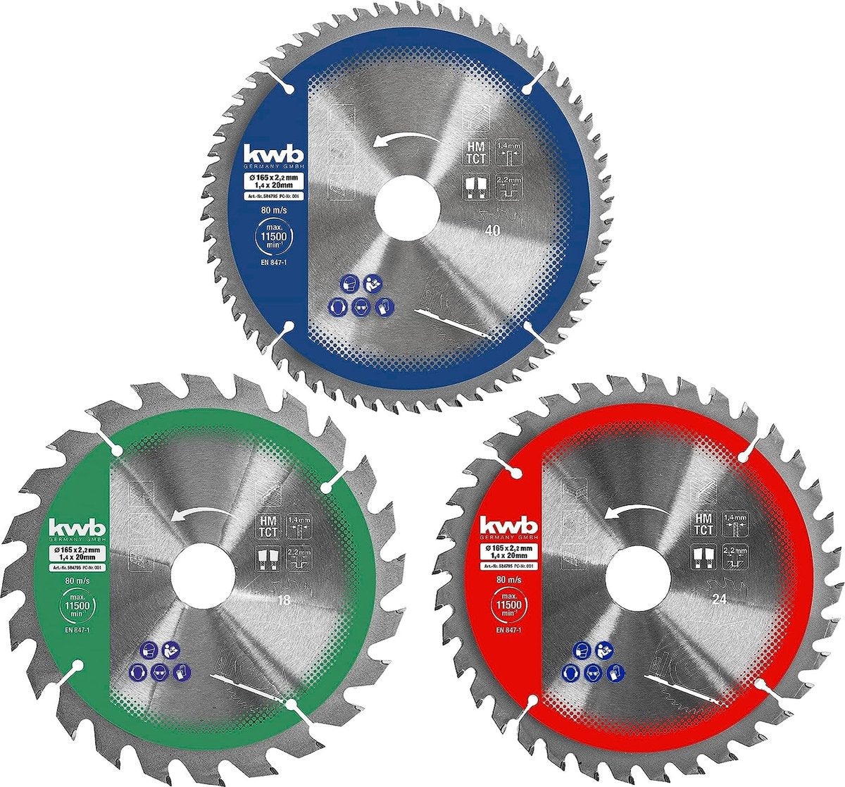 Kwb cirkelzaagbladenset 165 x 20 16 voor handcirkelzagen, voor plaatmaterialen en bouwmaterialen van hout inclusief verloopringen tot 16 en 20 mm
