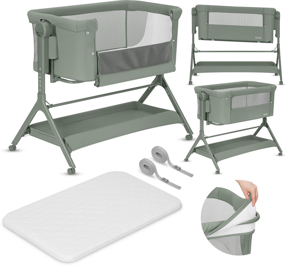 Lionelo leonie plus co-sleeper 3in1 – aanschuifbed, wieg vrijstaand babybed vanaf geboorte – 6 hoogtestanden – horizontale schommelfunctie – t25 matras – wielen – opbergmand – wasbare hoezen