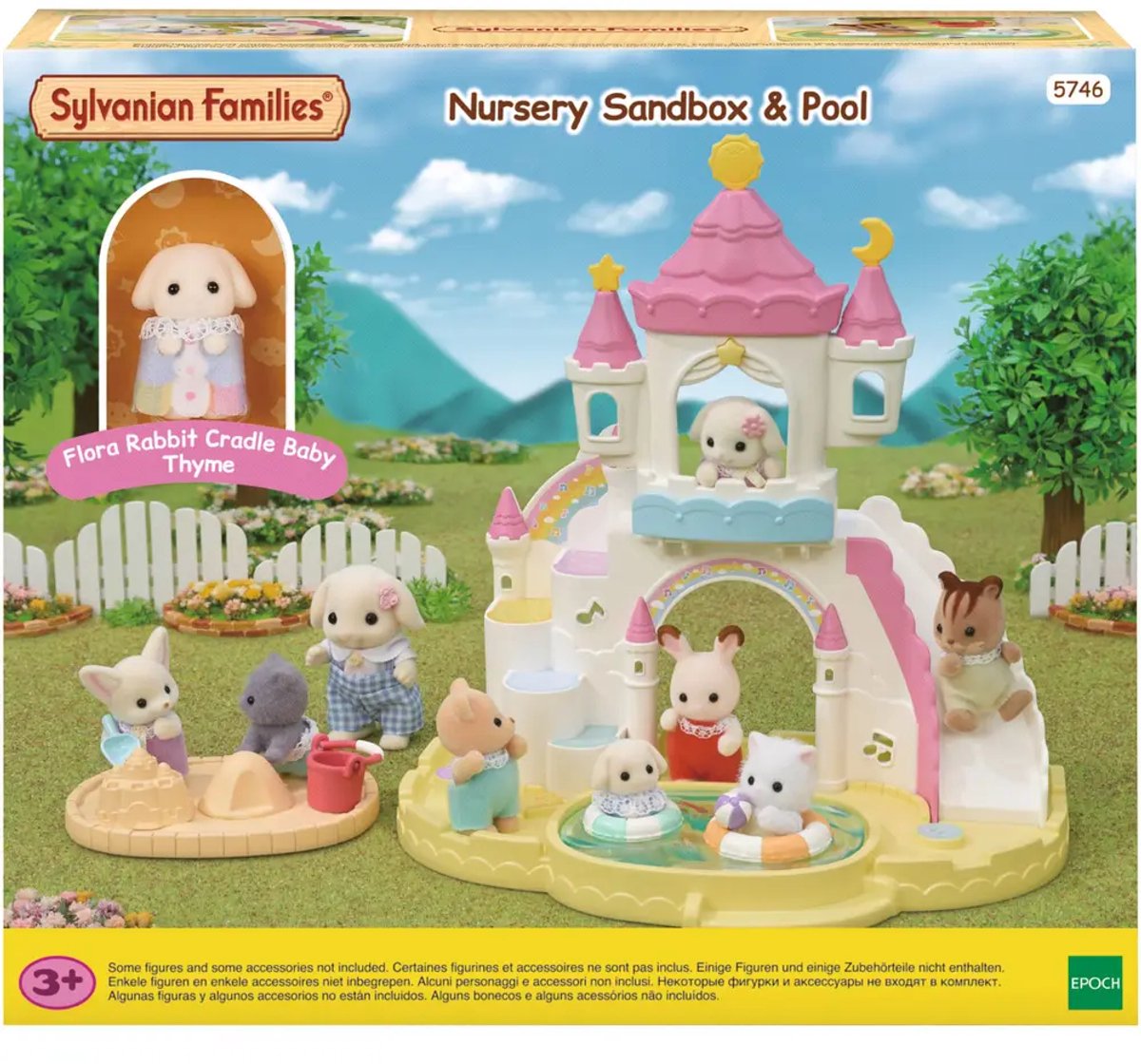 Sylvanian families 5746 baby zandbak zwembad- inclusief 1 fluweelzachte bloemen hangoor konijn baby