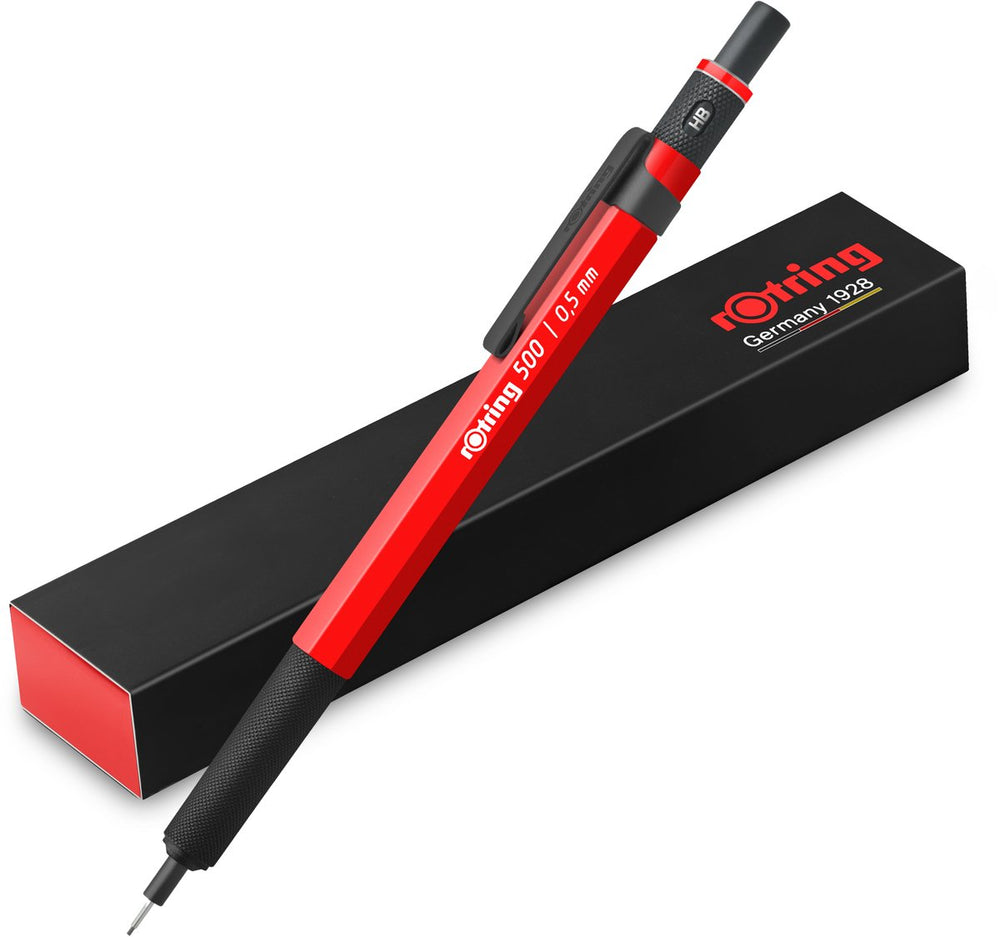 Rotring 500 vulpotlood | 0,5 mm grafiet hb | rode zeshoekige kunststof huls en metalen grip met antislip structuur