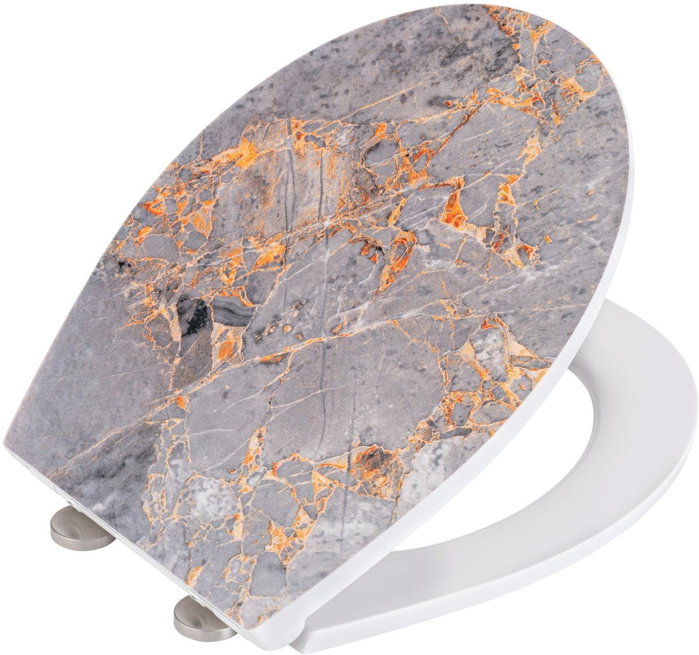 Wenko wc bril grey marble - antibacterieel duroplast met structuurprint - easy-close softclose sluiting - fix-clip bevestiging afklikbaar in rvs - toiletbril decor met structuur - toiletzitting met print