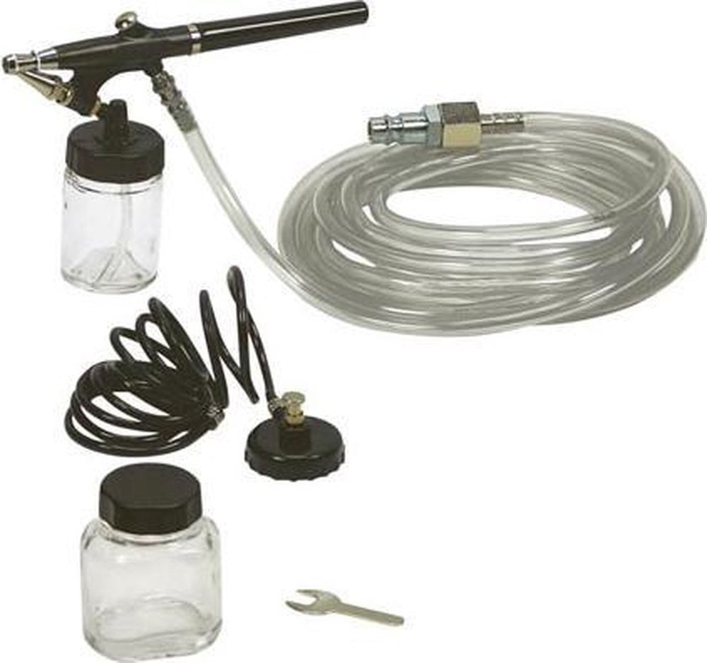 Stanley airbrush set voor compressor, 5-delig, 15 l min 3 bar met airbrush pistool slang, spiraalslang, 2 reservoirs en multifunctionele sleutel, voor modelbouw make-up meubels auto