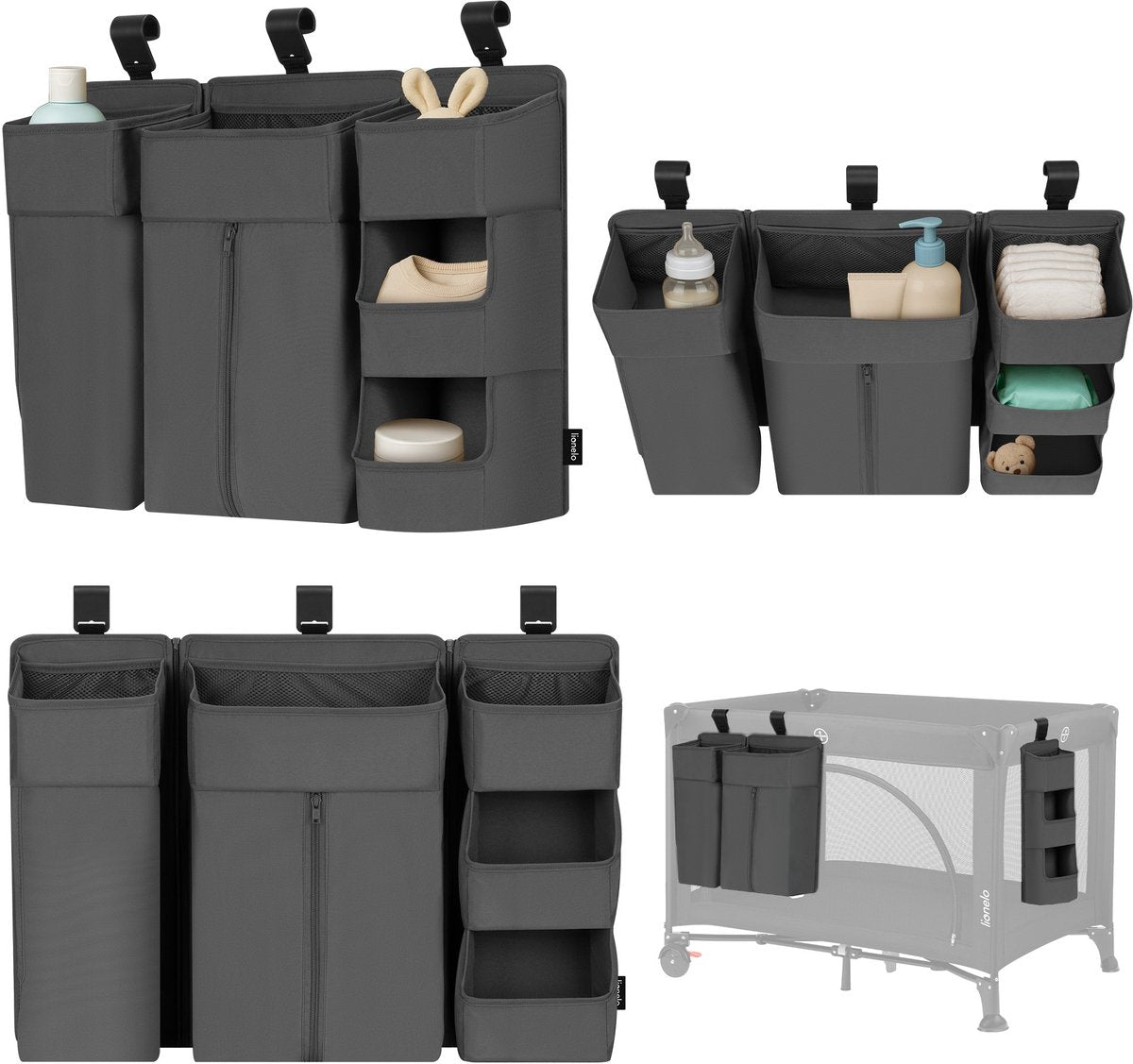Lionelo sidepocket large – bedside pocket wiegorganizer 58×11×58 cm – 3-delig modulair ontwerp met ritsvak – voor reisbed, co-sleeper box – verstevigd, multifunctioneel afneembaar – luiers, doekjes accessoires