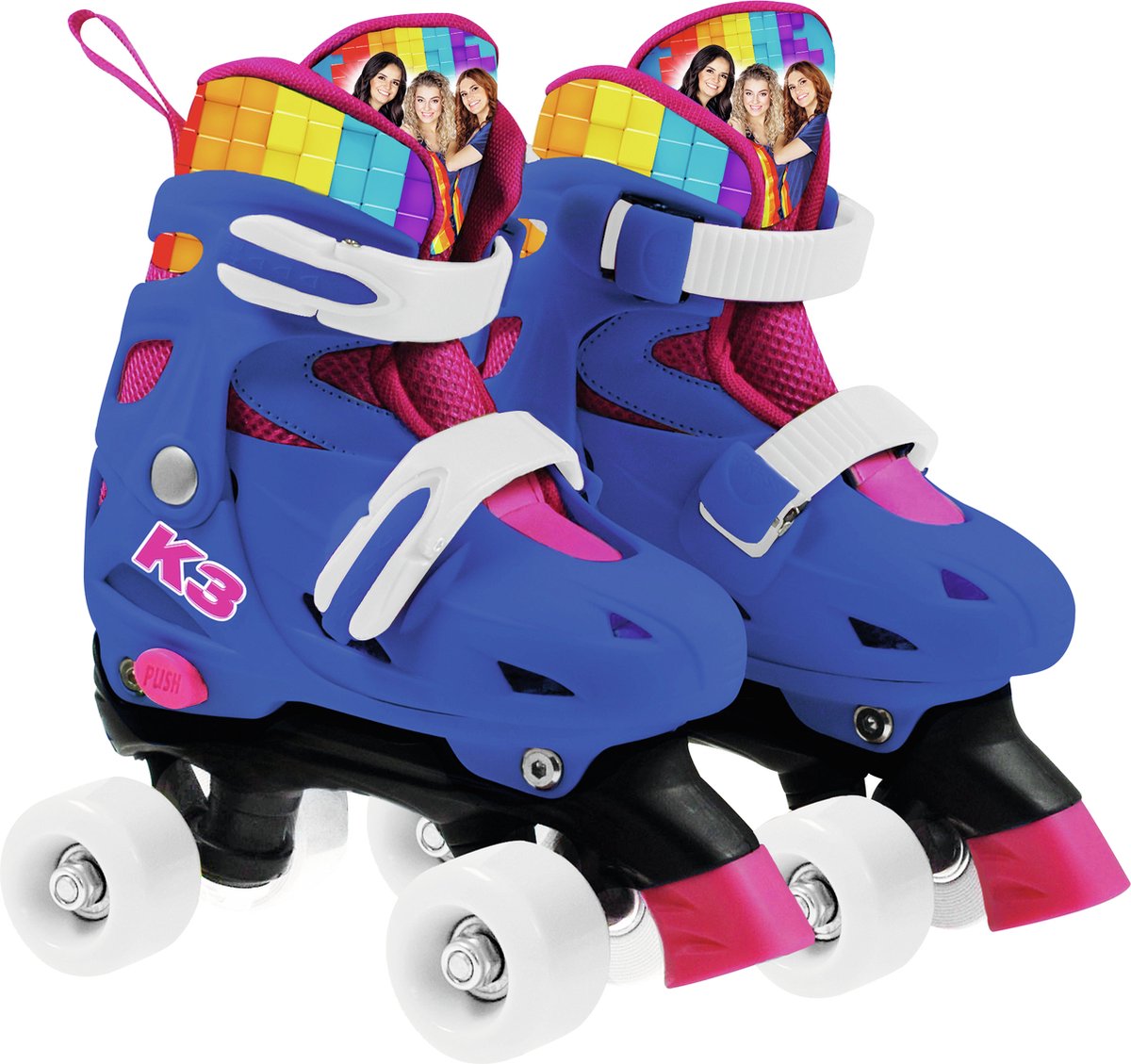 K3 - rolschaatsen - maat 34 37 - verstelbaar in 4 maten - met stopper - blauw - regenboog - met wieltjes in 4 kleuren
