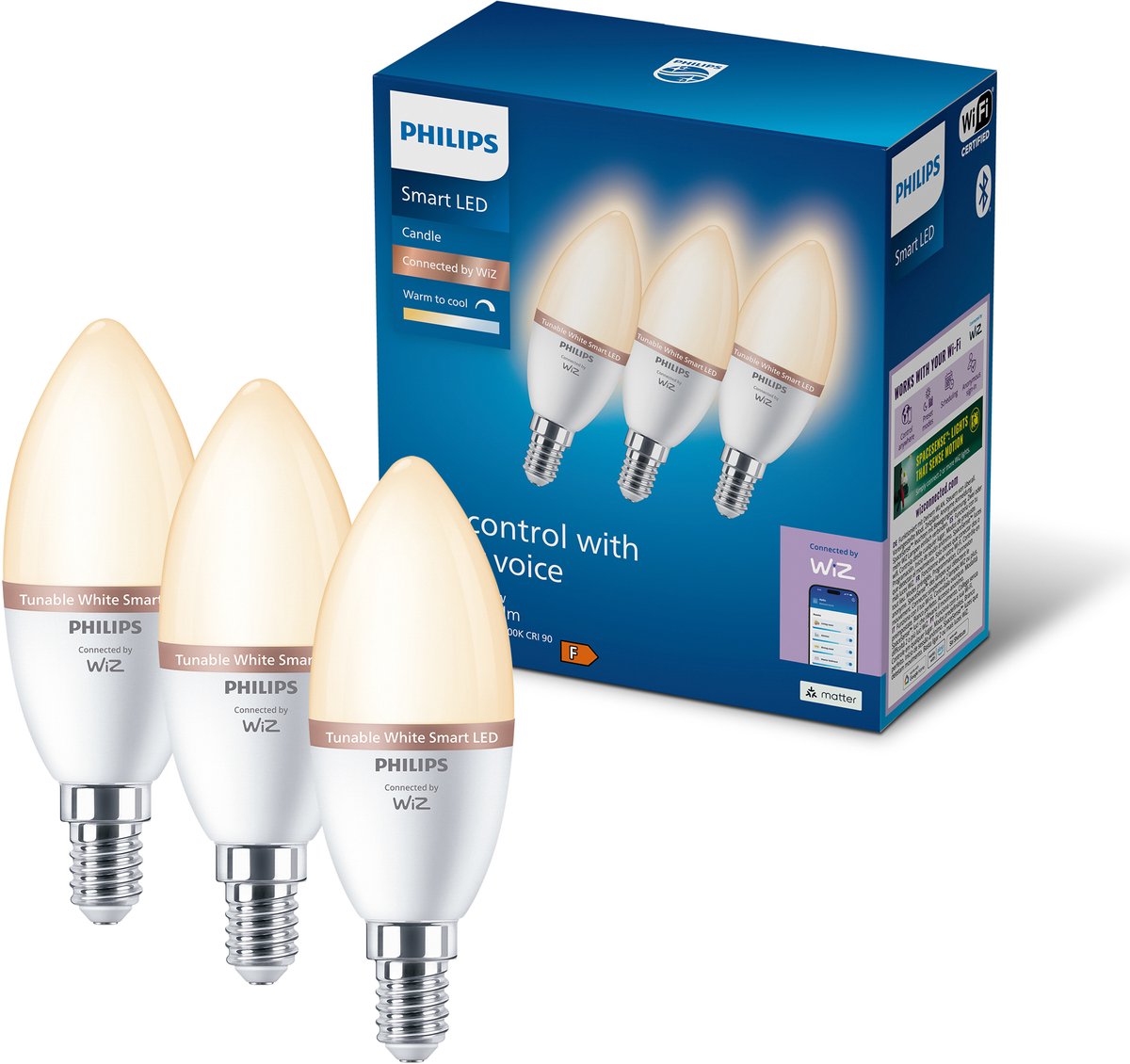 Philips smart lighting philips smart led kaarslamp 3-pack - slimme led-verlichting - warm- tot koelwit licht - e14 - 40w - mat - wi-fi