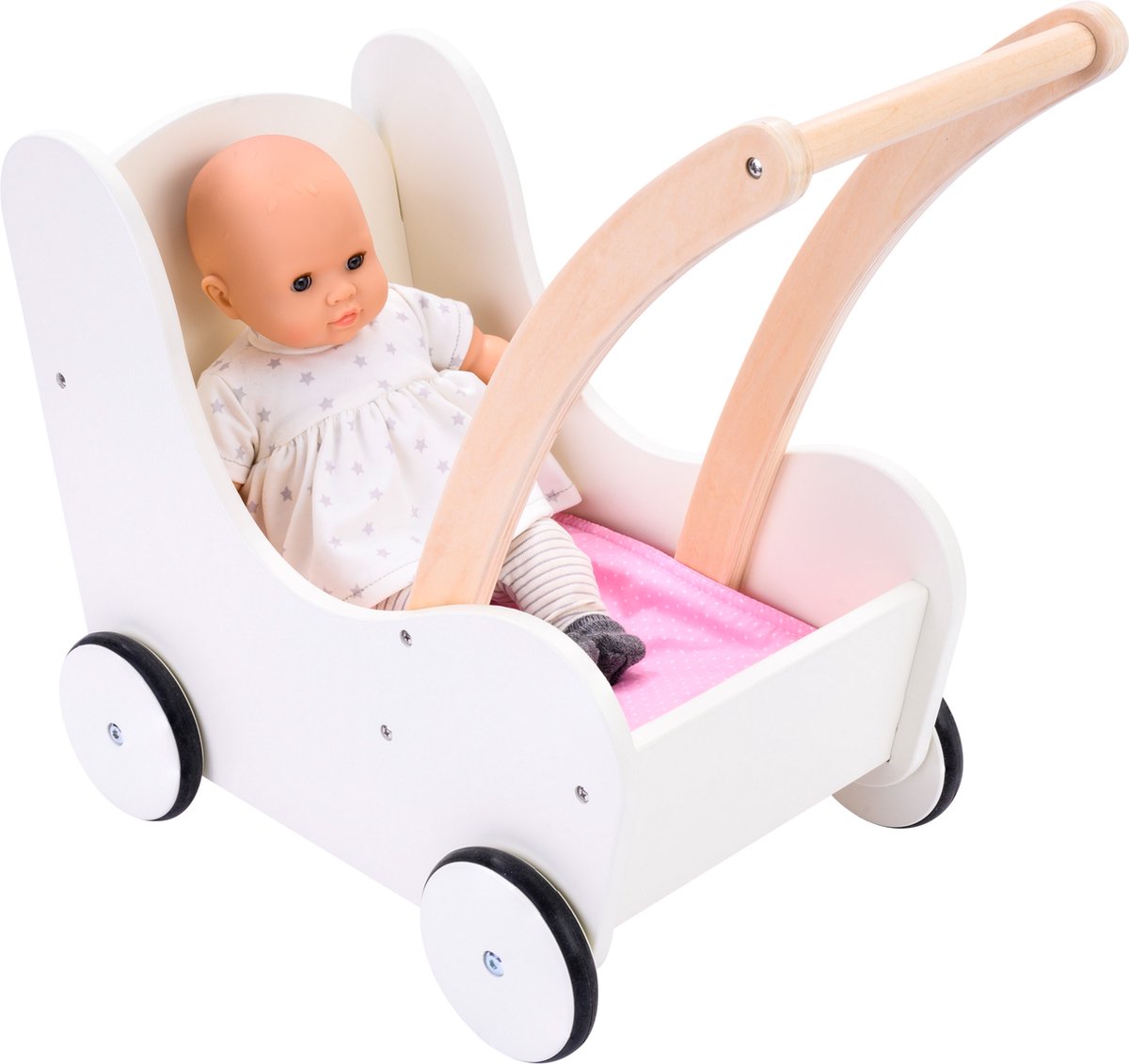 Engelhart poppen loopwagen roze wit – houten poppenwagen met matrasje, dekentje, kussentje opbergtas – geschikt voor alle poppen –