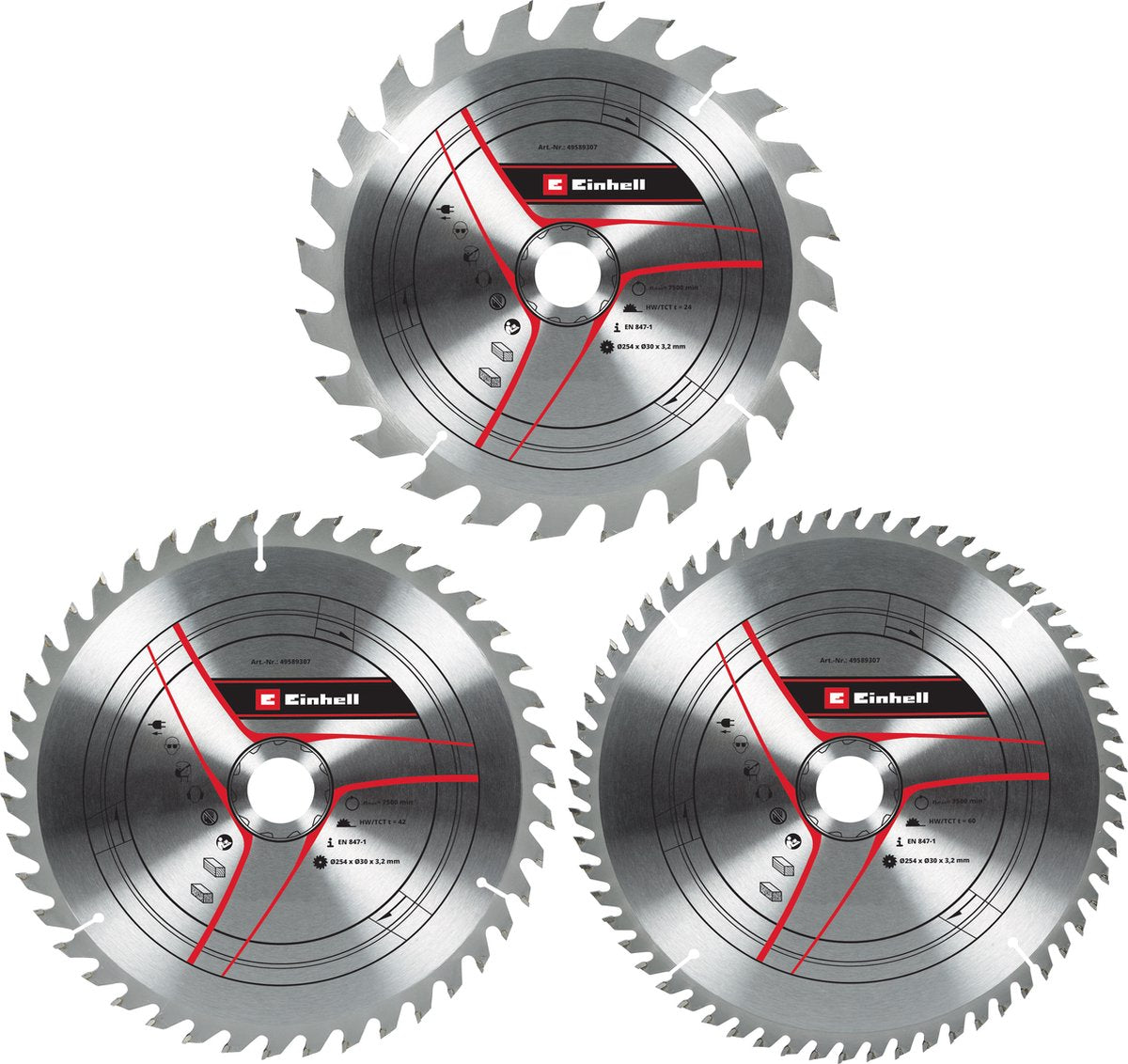 Einhell hardmetalen tct zaagbladset - 3-delig - ø254 x 30 x 3,2 mm - 24 42 60 tanden