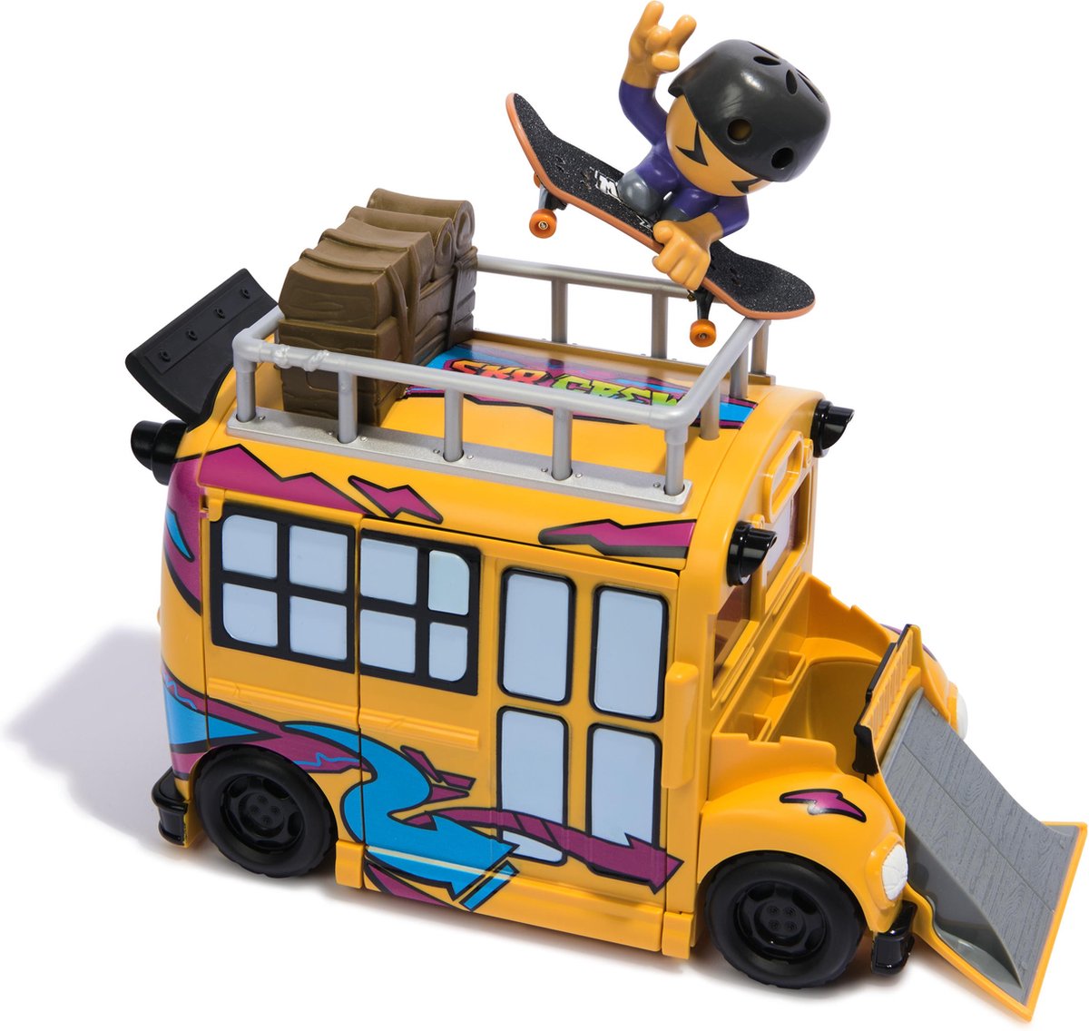 Tech deck sk8 crew - 2-in-1 transformerende ultra sk8-bus met opbergruimte, vingerskateboard en figuur