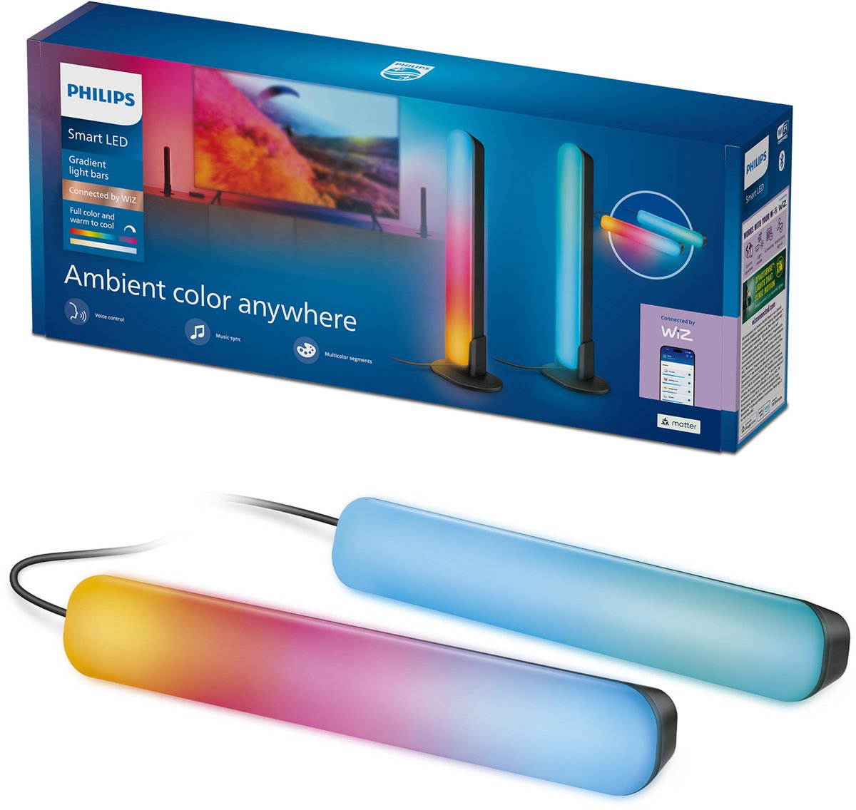 Philips smart lighting - gradient light bars - tafellamp - rgbic - gekleurd en instelbaar wit licht - muzieksynchronisatie - wall washer - lengte: 30cm - zwart - werkt met de wiz app - wifi