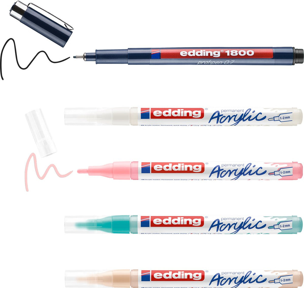 Edding manga creative set - manga tekenen voor beginners op veel verschillende ondergronden - 1x 1800 profipen zwart - 4x 5300 acryl stiften - 6x blanco kaarten - 3x templates - 1x stap-voor-stap uitleg - all-in-one set