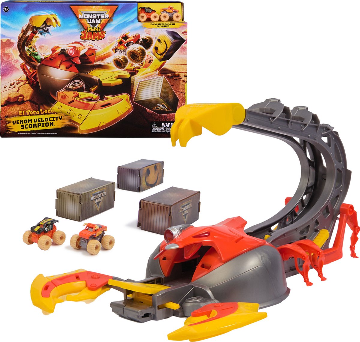 Monster jam mini jams - venom velocity scorpion-speelset met unieke metalen el toro loco's en max-d monster-monsterjamtrucks - schaal 1:87