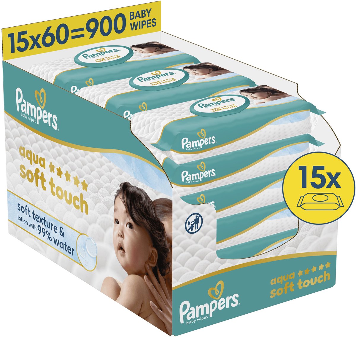 Pampers aqua soft touch - billendoekjes - zachte textuur lotion met 99% water - 15 verpakkingen van 60 doekjes = 900 babydoekjes