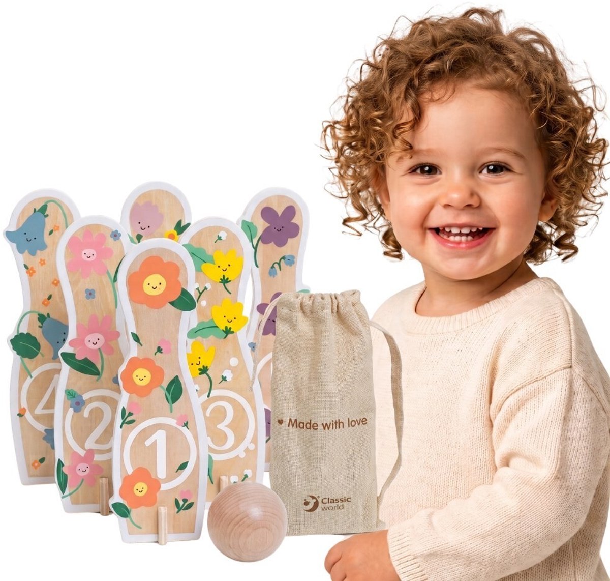 Klassieke wereld houten bowlingset bloemen, 14dlg,