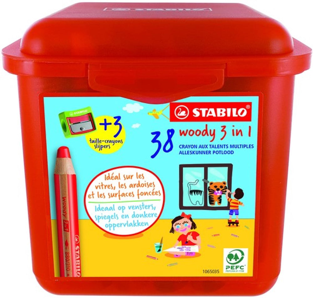 Stabilo woody 3in1 multitalent kleurpotloden in kunststof doos - 38dlg. met 3 puntenslijpers