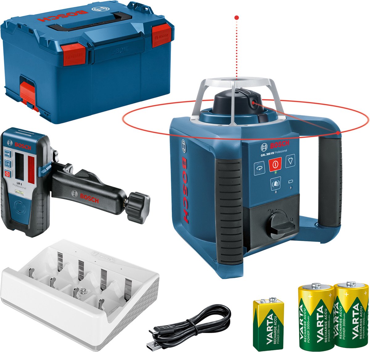 Bosch professional grl 300 hv - rotatielaser - inclusief laserontvanger - oplaadbare batterijen - batterij oplader - l-boxx