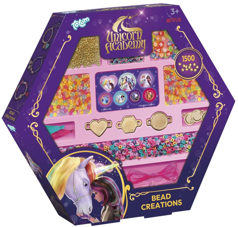 Totum unicorn academy kralen set 1500-delig armbandjes maken - creatief speelgoed vanaf 3 jaar - bedel armbandjes met goudkleurige letter- en speciale kralen
