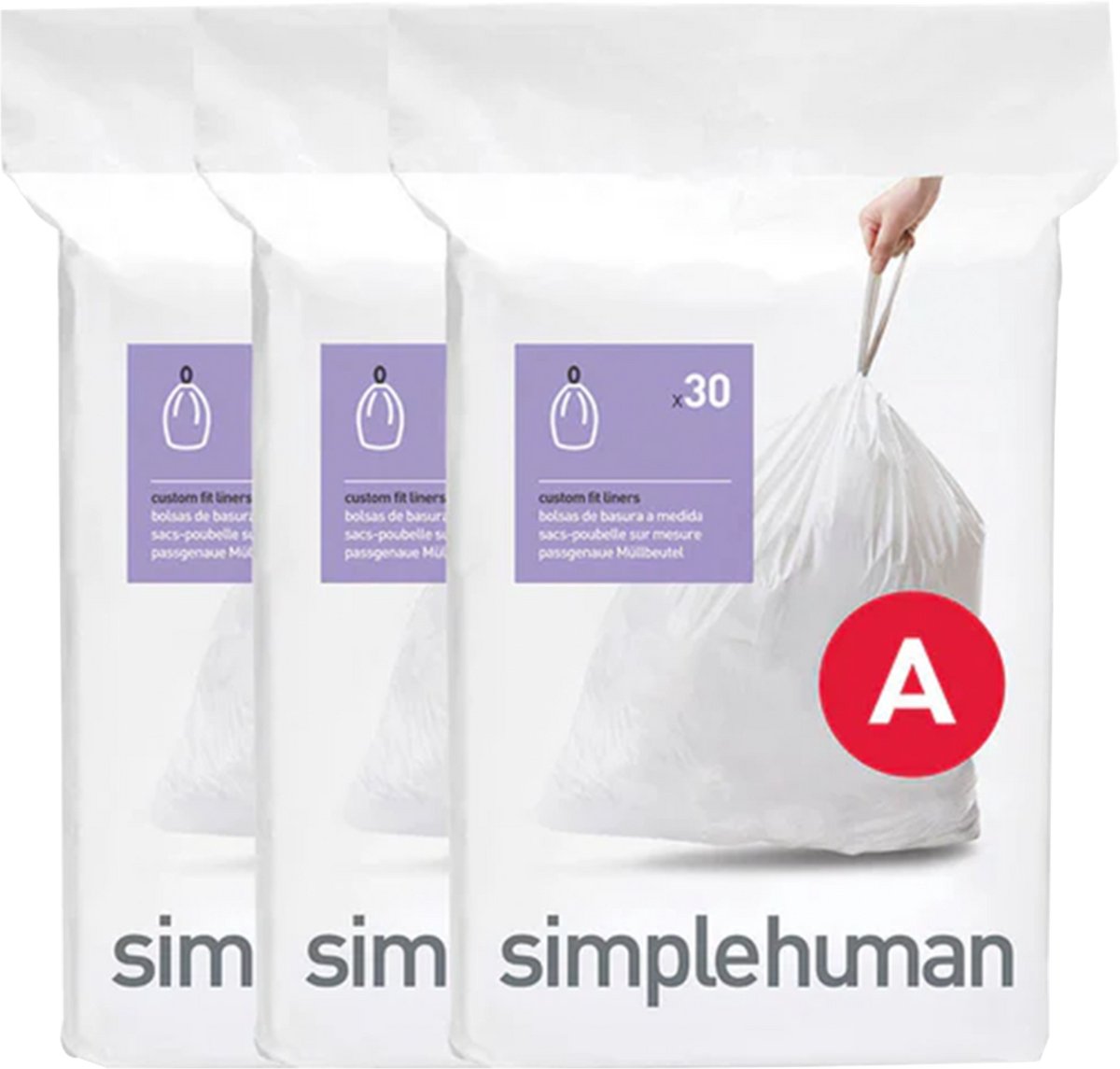 Simplehuman code a - avalzakken - 4,5 liter - 90 stuks - met trekband - wit