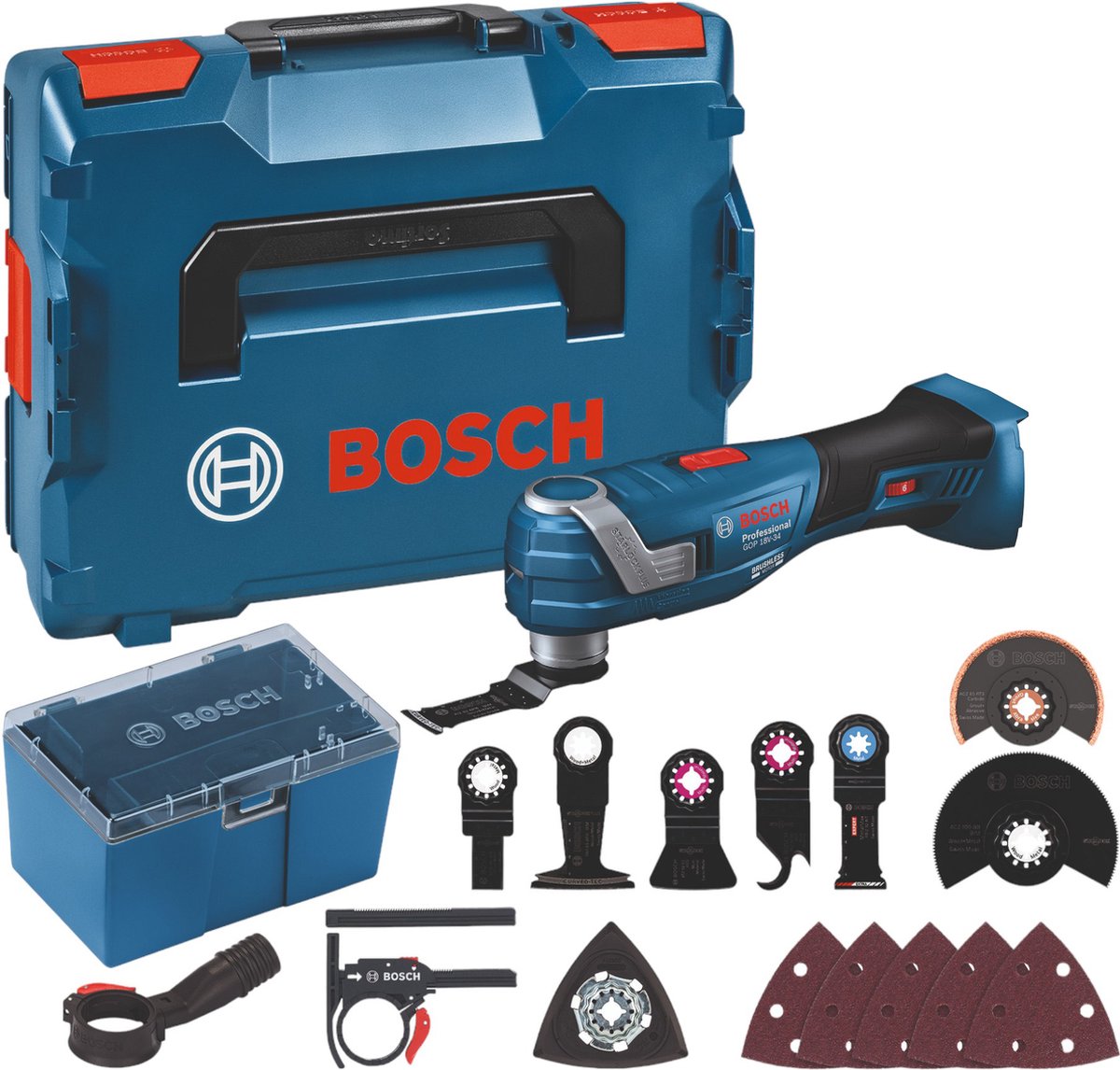 Bosch blauw gop 18v-34 accu multitool met accessoires 18v | zonder accu's en lader in l-boxx - 06018g2002