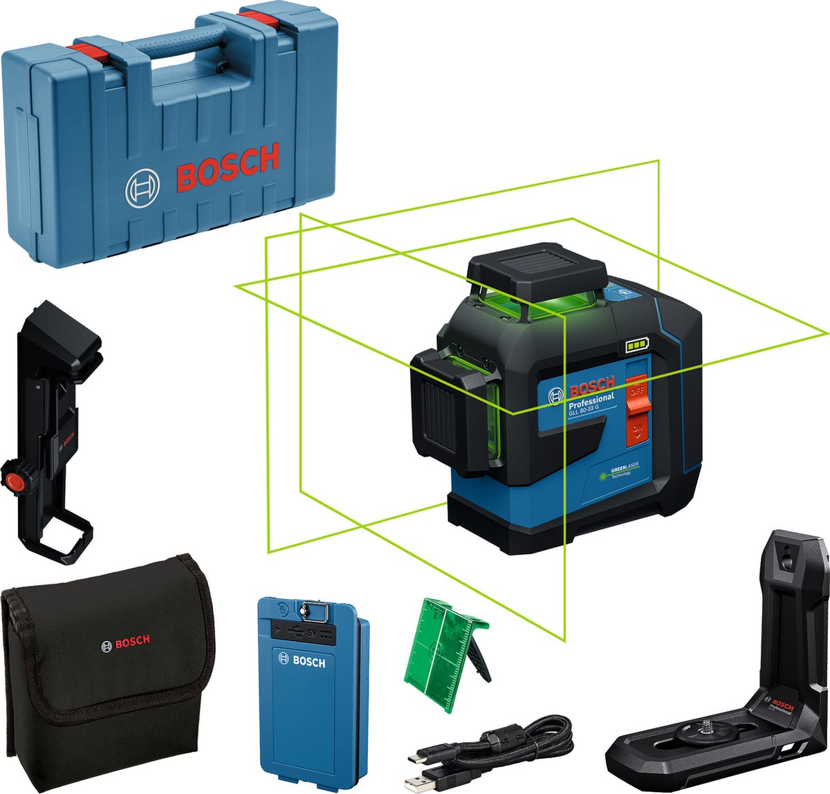 Bosch blauw bosch professional gll 80-33 g - lijnlaser - (1 x accu ba 3.7v 3.0ah xl li-ion, laserrichtbord, houder lb10, usb-a naar usb-c kabel, tas)