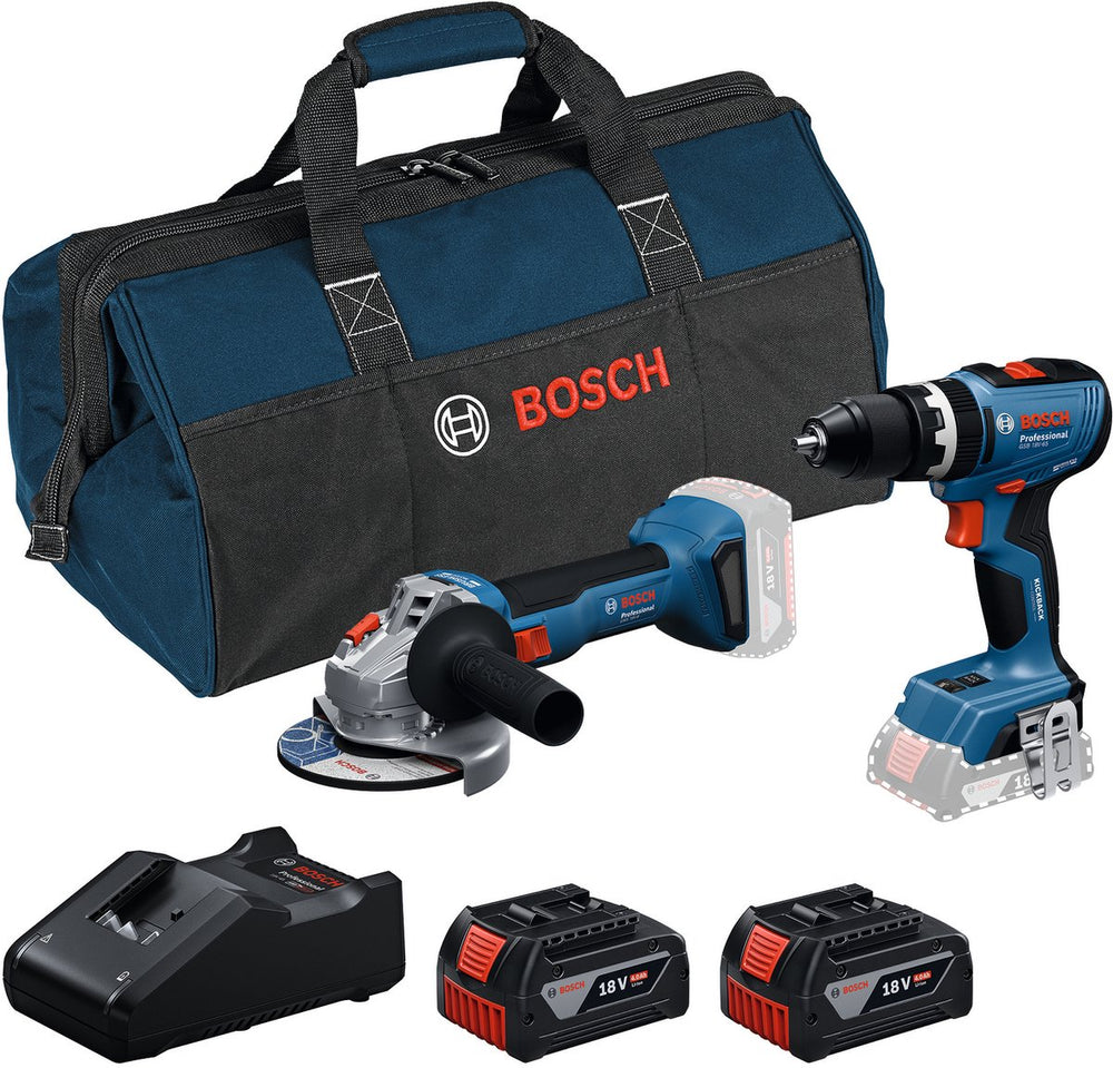 Bosch professional 18v toolkit - combiset - gws 18v-8 + gsb 18v-65 + 2x gba 18v 4.0 ah + gal 18v-40 lader