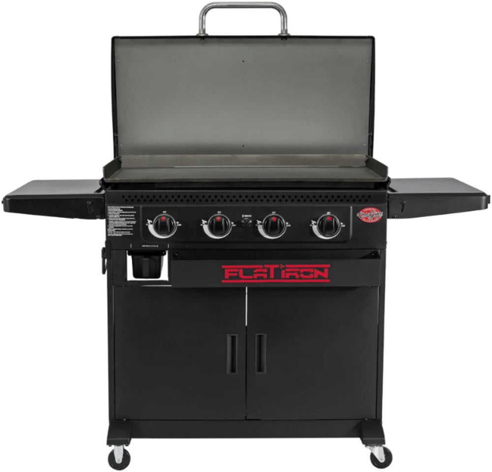 Char-griller flat iron gas plancha met 4 branders en deksel – gas bakplaat met kast – grote stalen bakplaat met porselein coating – voor 6-8 personen