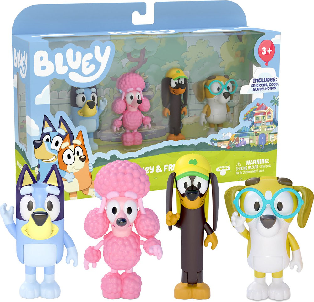 Moose Toys Bluey - 4 Play Figures Friends: Bluey, Snickers, Coco, and Honey - Play Figure Set