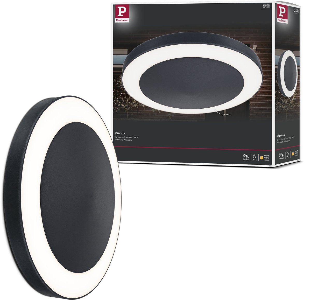 Paulmann led-plafondlamp circula schemersensor schemergestuurde bewegingsmelder (ir) zeewater bestendig ip44 rond 320 mm 3000k 14w 880lm 230v antraciet kunststof