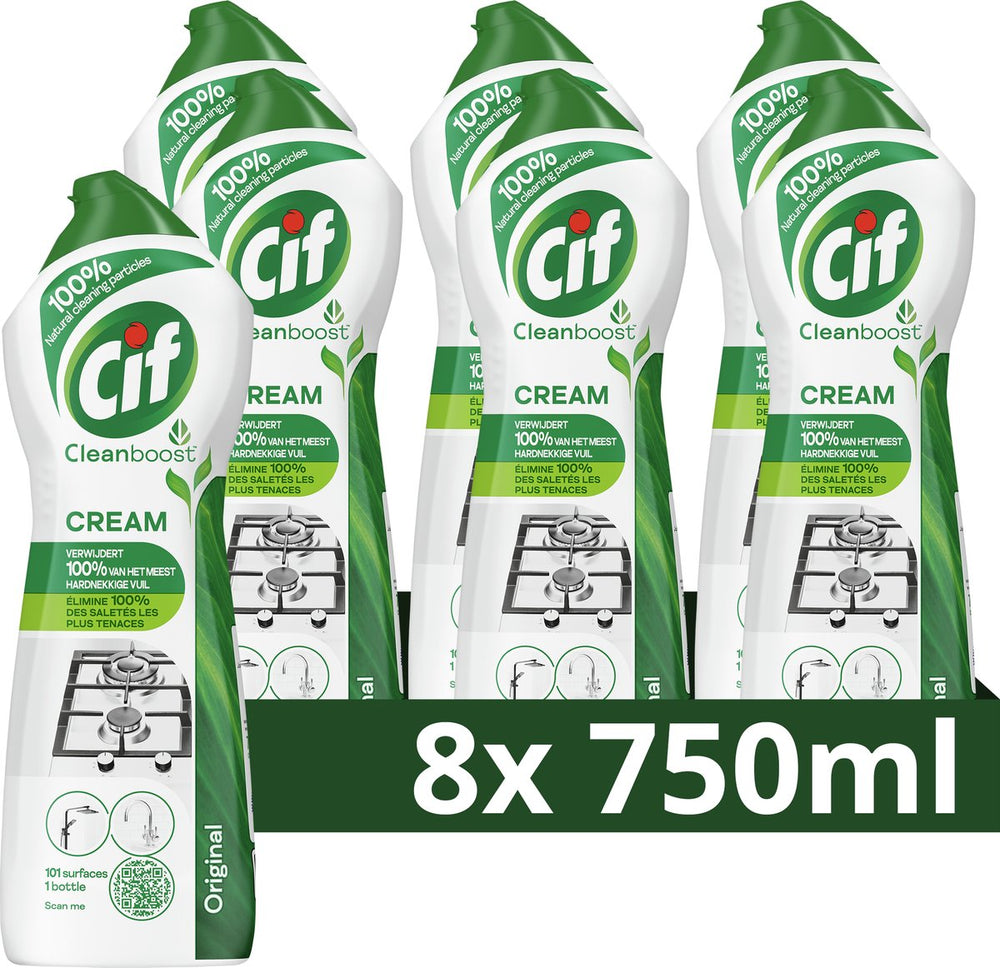 Cif - cleanboost schuurmiddel - 100% natuurlijke bestanddelen - 101 oppervlakken - 8 x 750 ml