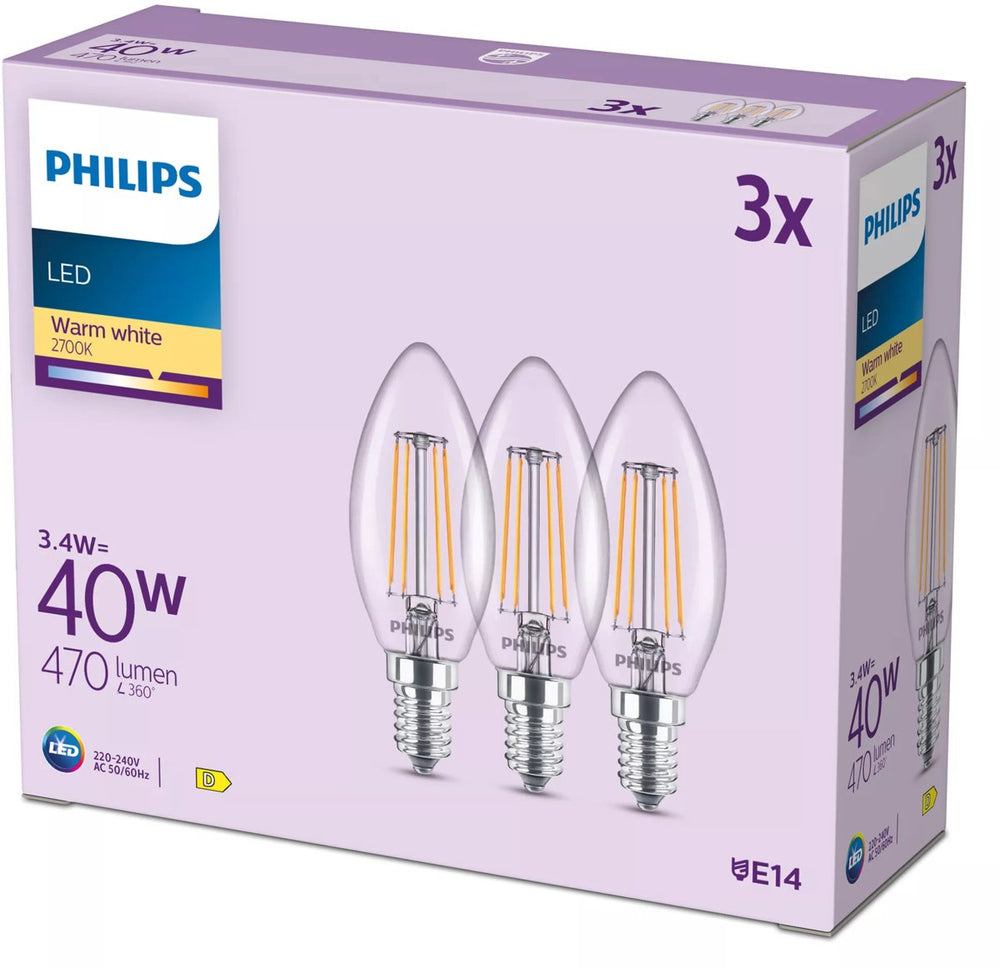 Philips filament kaarslamp helder 40w b35 e14 x3
