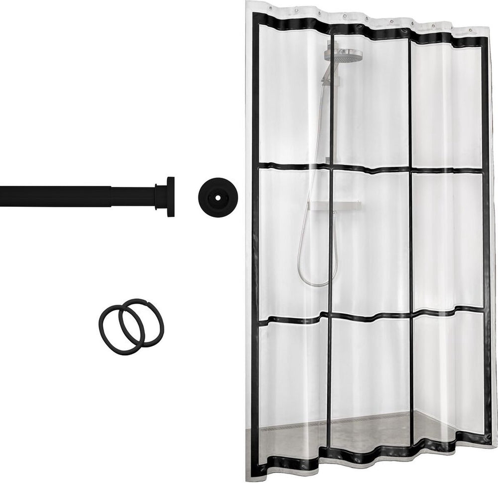 Sealskin seallux - douchegordijnstang 80-130 cm met douchegordijn 180x200 cm inclusief 12 ringen - zwart transparant