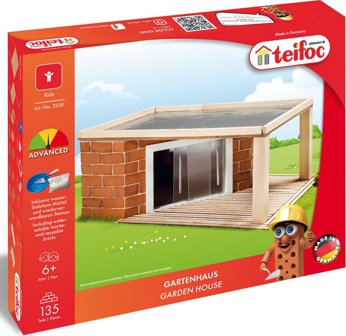 Teifoc ® bouwdoos – tuinhuis – 135 onderdelen – echte mini bakstenen met cement, kom en troffel – bouwpakket voor kinderen vanaf 6 jaar