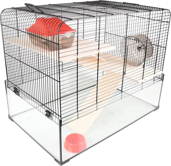 Flamingo hamsterkooi – vitru 2 – hamsterkooi met glazen bodem – complete kooi met looprad, platforms en accessoires – zwart – 59x38x47 cm – europese kwaliteit