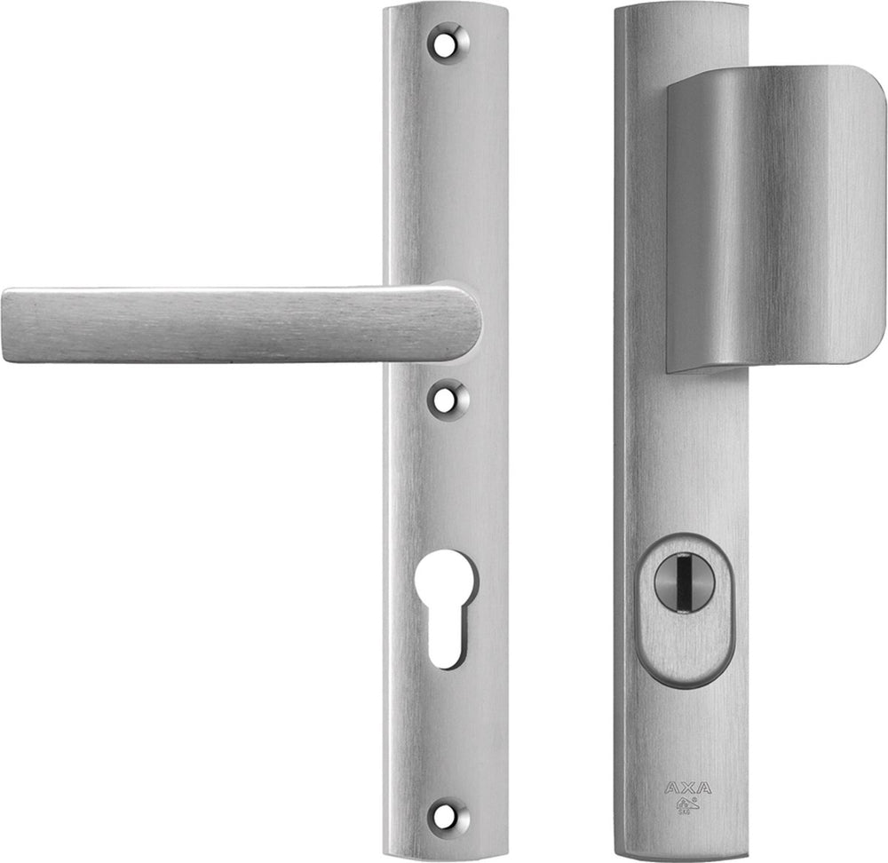 Axa veiligheidsbeslag (curve plus) smal aluminium geslepen: duwer-kruk (model d-duwer blok) pc72 met kerntrekbeveiliging skg***