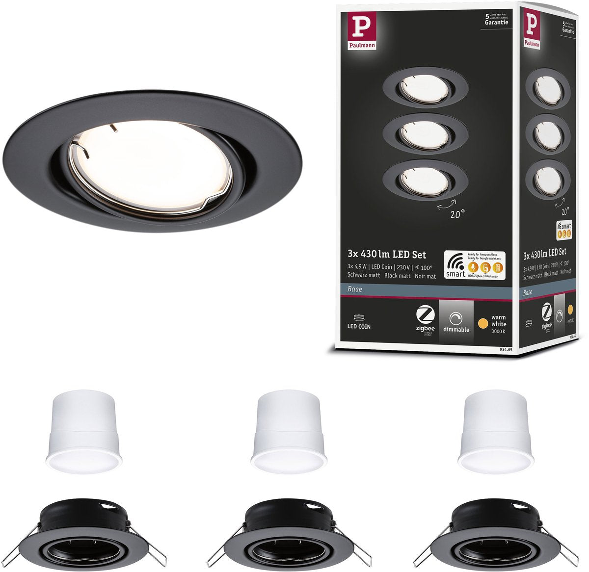 Paulmann led-inbouwlamp smart home zigbee 3.0 base coin basisset zwenkbaar rond 90 mm 20° coin 3x4,9w 3x430lm 230v dimbaar 3000k zwart mat