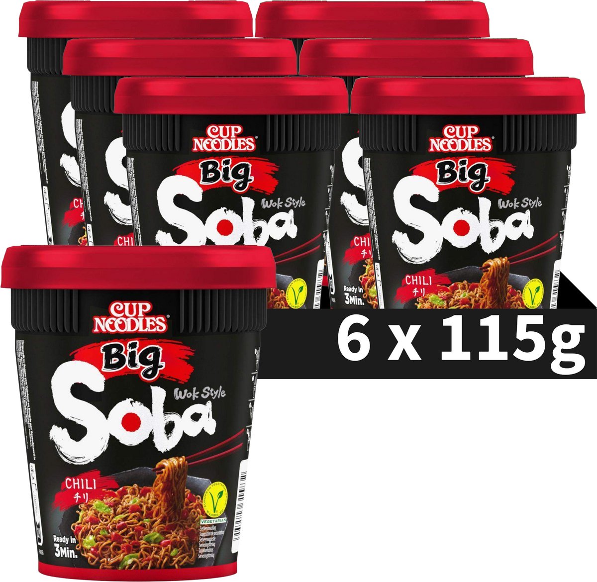 Nissin soba cup noodles big - chili wok style noedels - instant noodles - vegan - 6 x 115 gram