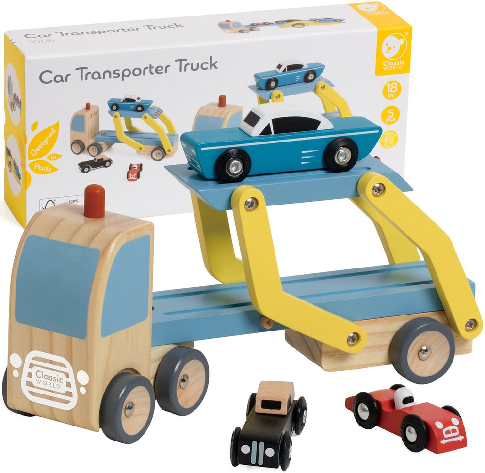 Klassieke houten transportwagen met 3 auto's