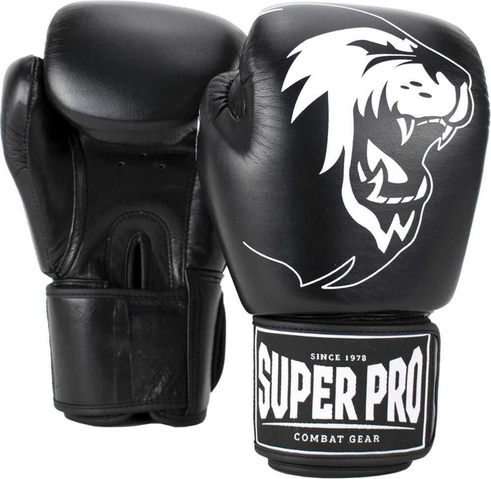 Super pro combat gear warrior lederen (kick)bokshandschoenen zwart wit 16oz