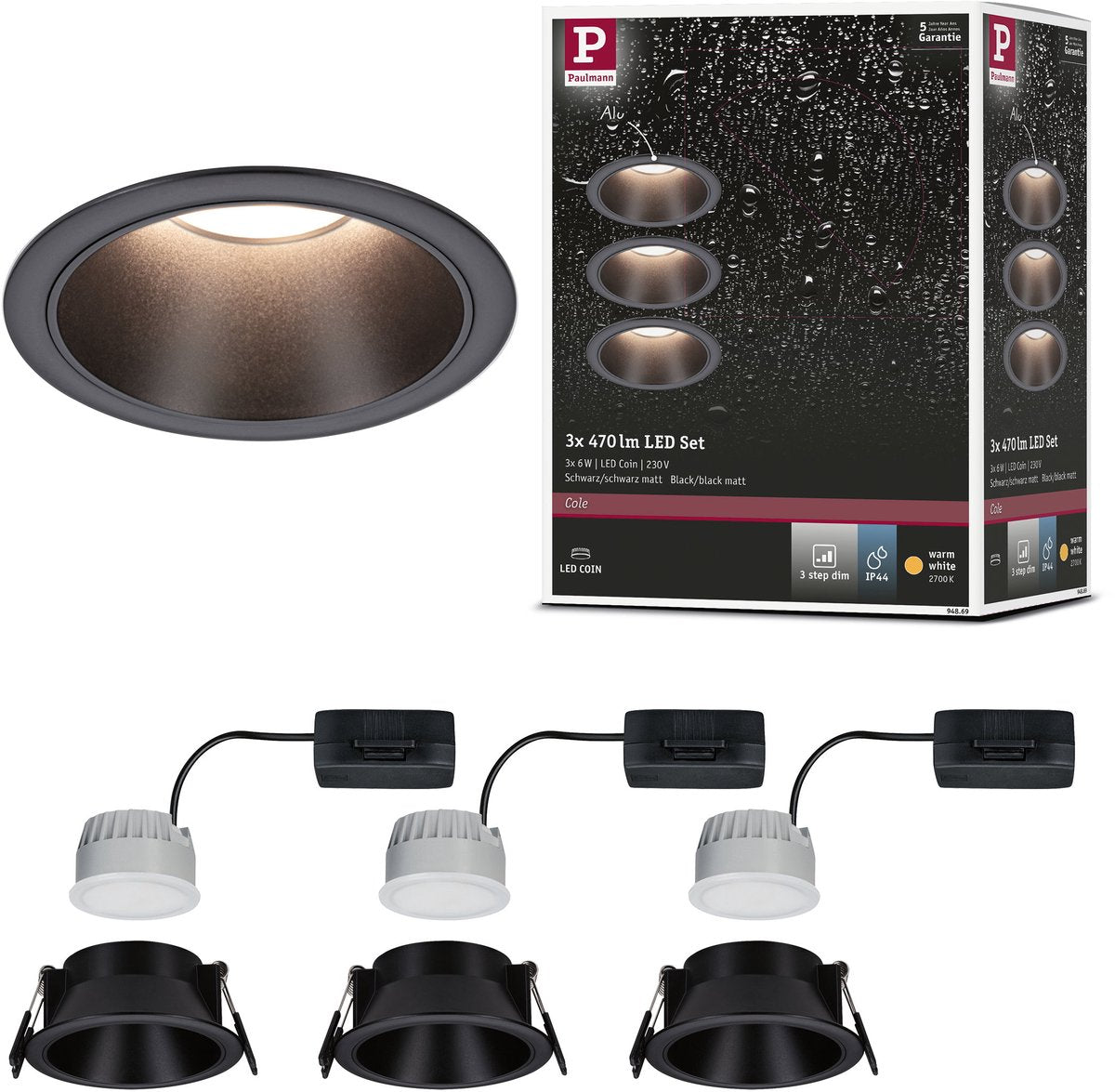 Paulmann led-inbouwlamp 3-step-dim cole coin set van 3 ip44 rond 88mm coin 3x6w 3x470lm 230v dimbaar 2700k zwart